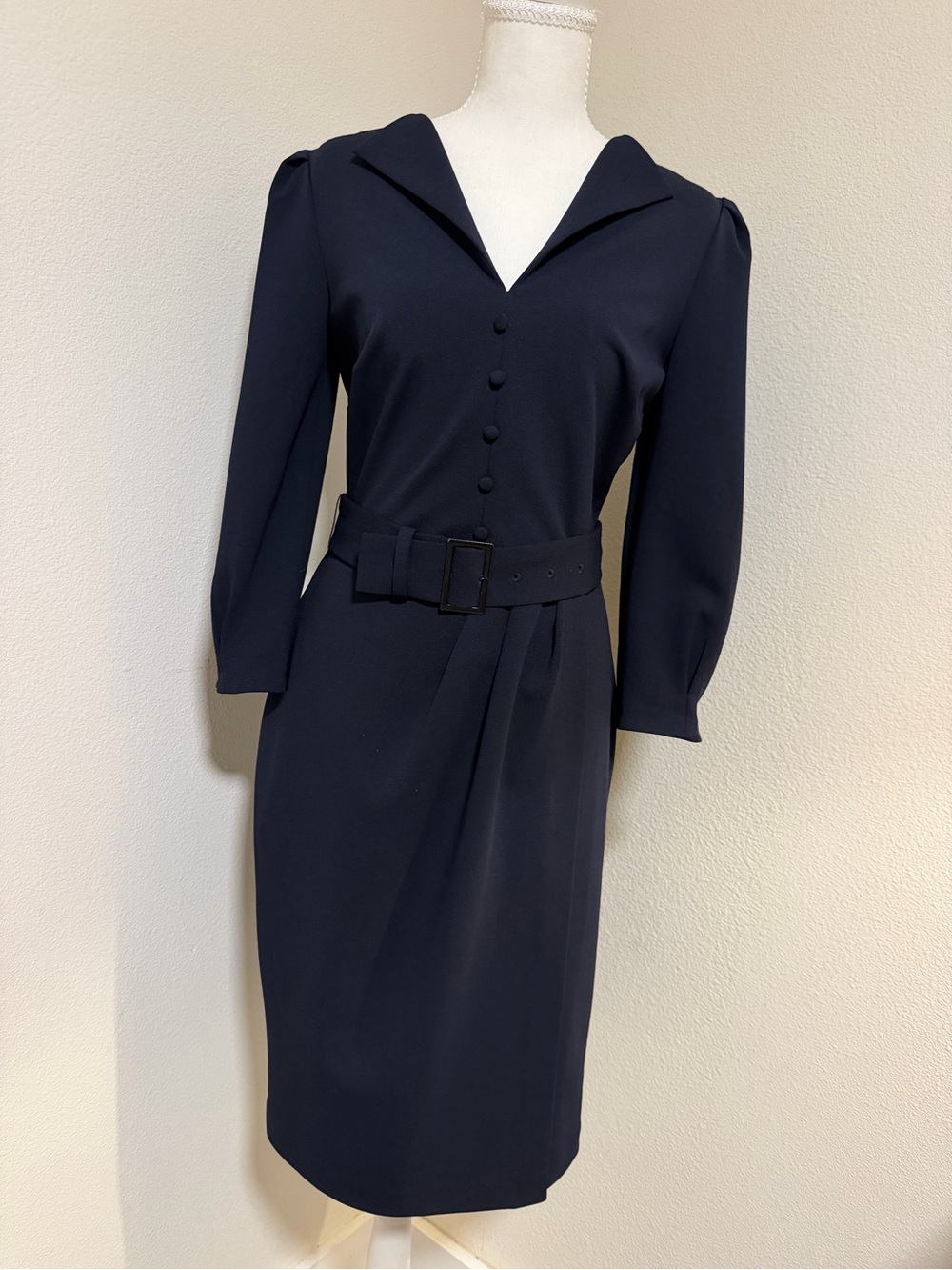 Karl Lagerfeld Midnight Navy Collared Belted Midi Dress Classy Slit Professional